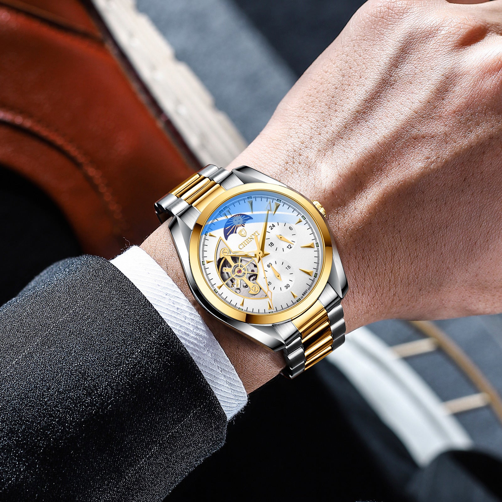 Orologio meccanico automatico da uomo impermeabile con sole, luna e stelle