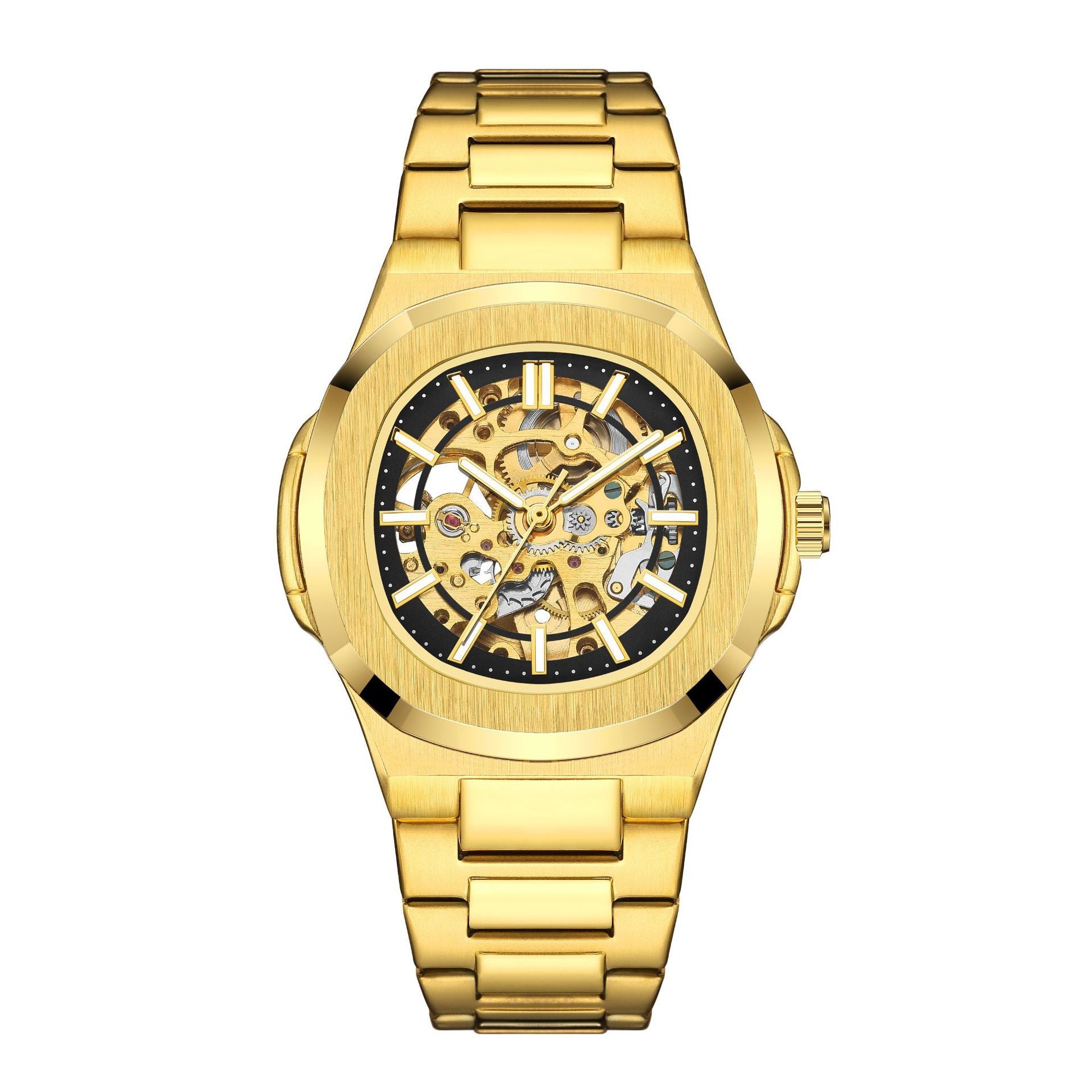 Steampunk Hollow Skeleton Automatic Mechanical Watch Men Blue Ribbon Full Steel Waterproof Wristwatches Male Mechanism Watch
