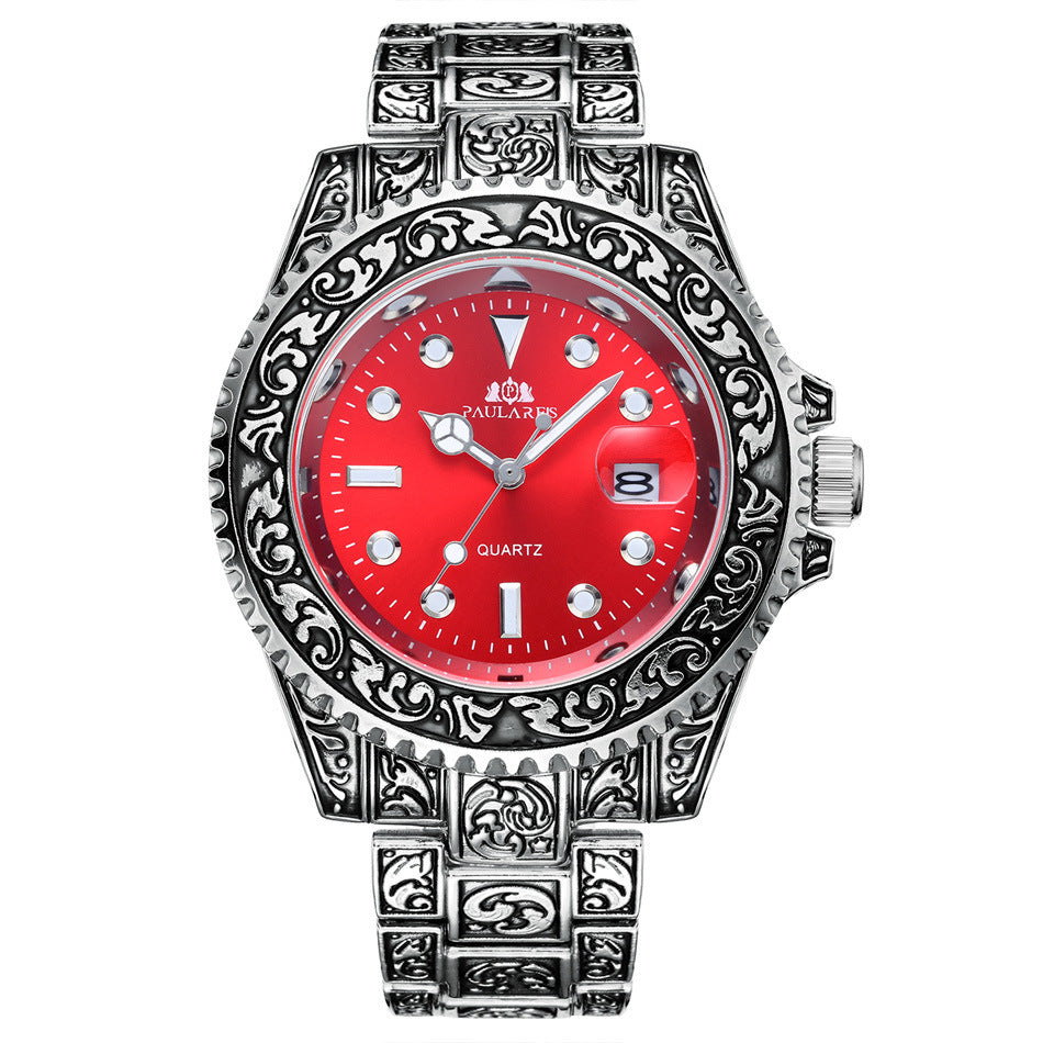 Orologio da uomo luminoso con calendario fantasma intagliato al quarzo e movimento ad acqua