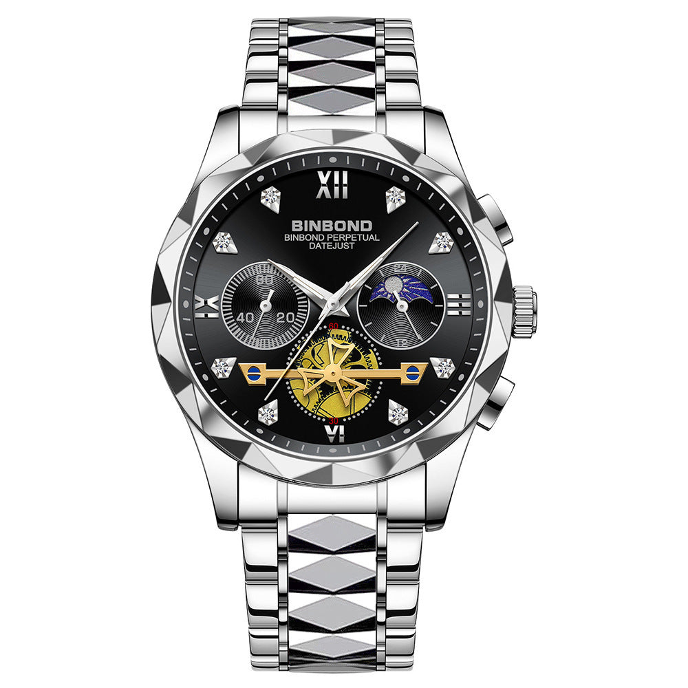 Mens Watch Diamond Big Face Stainless Steel Luxury Business Dress Date Day Wrist Watch Waterproof Luminous Multifunctional Quartz Watch - Acquisti Online