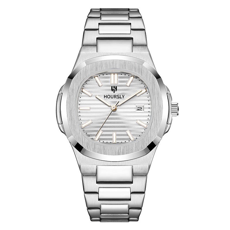 HOURSLY HY1371 Orologio da uomo al quarzo cinese alla moda, esclusivo, con cinturino in acciaio, resistente all'acqua, calendario luminoso, orologio casual da uomo