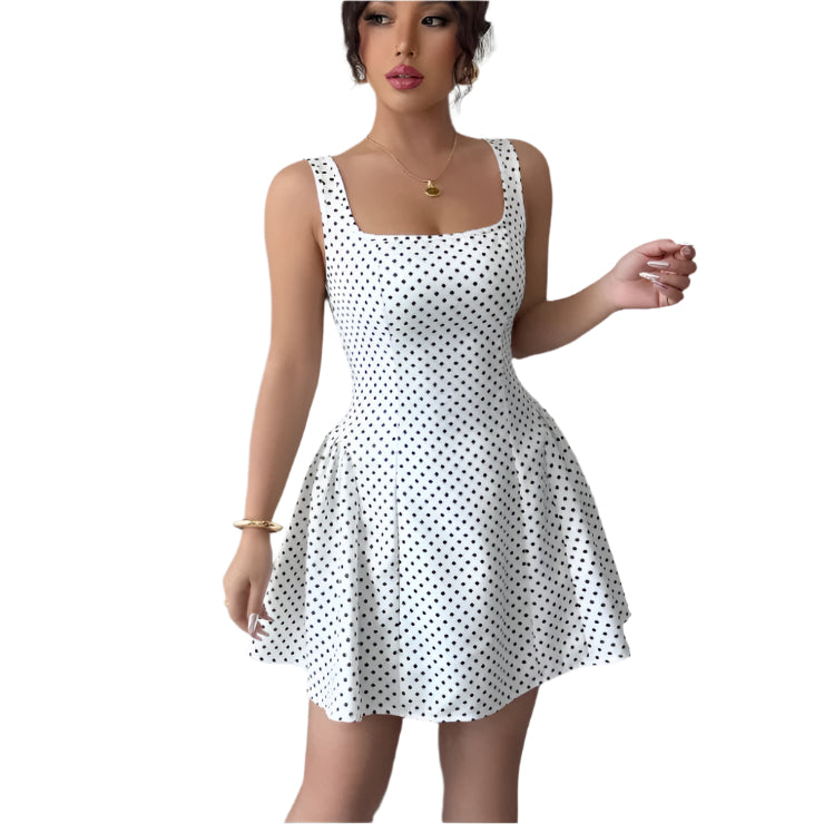 Women's Fashionable Short Dress Pure Desire Wind Lace-up Waist Polka Dot Vest Fashionable Women's Short Dress