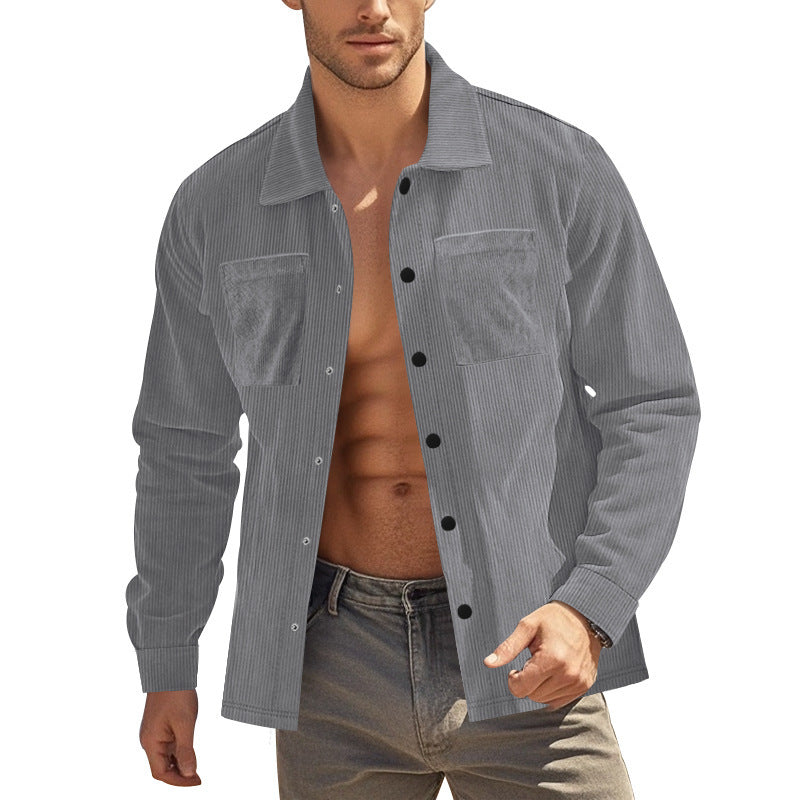 Men's Fashionable Shirt Long Sleeve Casual Multi Pocket Solid Color Corduroy Button up Slim Fit Men's Cardigan Shirt