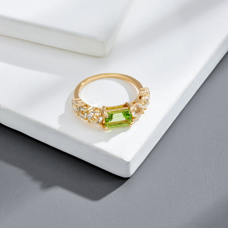 S925 Zilver Plating K Goud Ingelegde Rechthoekige Groene Olijf Ring