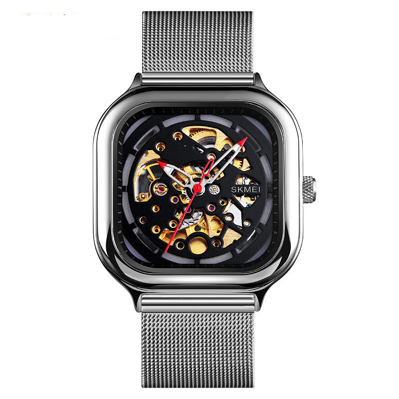 Orologio meccanico automatico impermeabile da uomo con cinturino in maglia quadrata cava