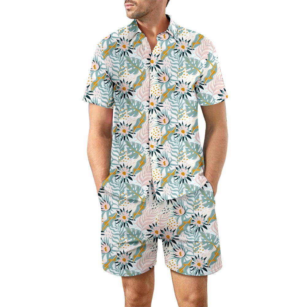 Men's Fashionable Casual Shirt 2Pcs Printed Suit Sets Loose Lapel Button Top Pure Cotton Men's Short Sleeve Shirt - Acquisti Online