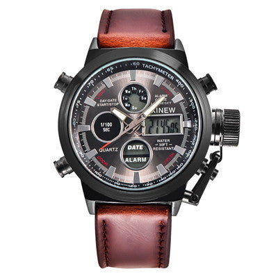 Herenhorloge met leren riem en LED-elektronische sporthorloge