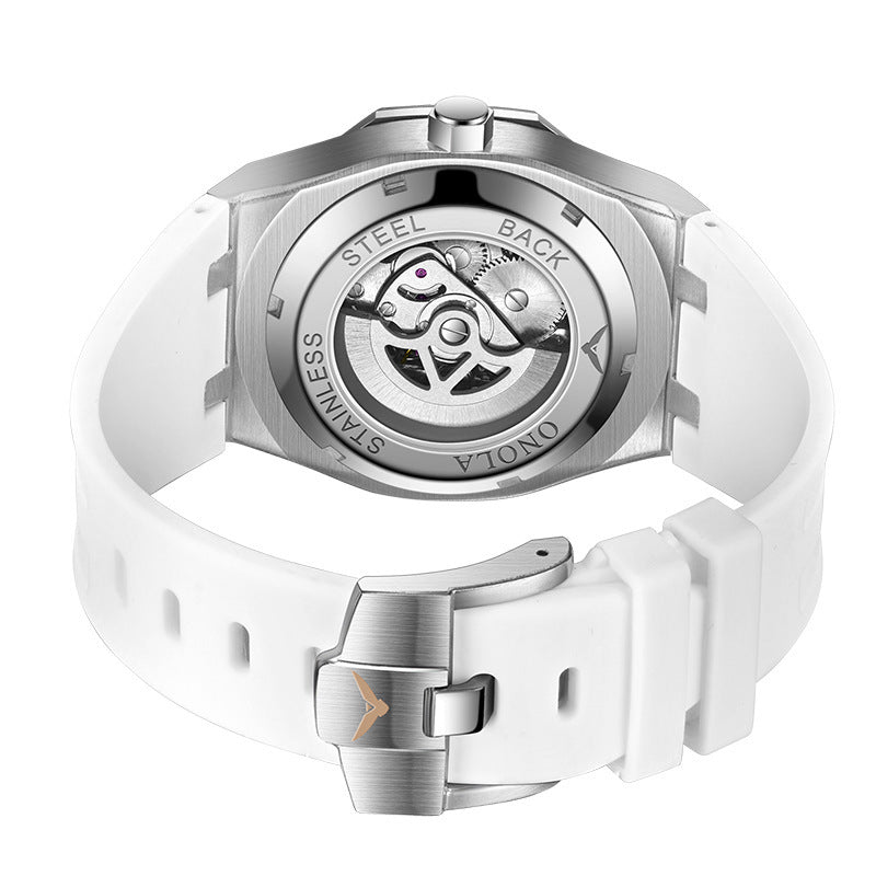 Orologio meccanico automatico da uomo con cinturino in silicone e diamanti arcobaleno