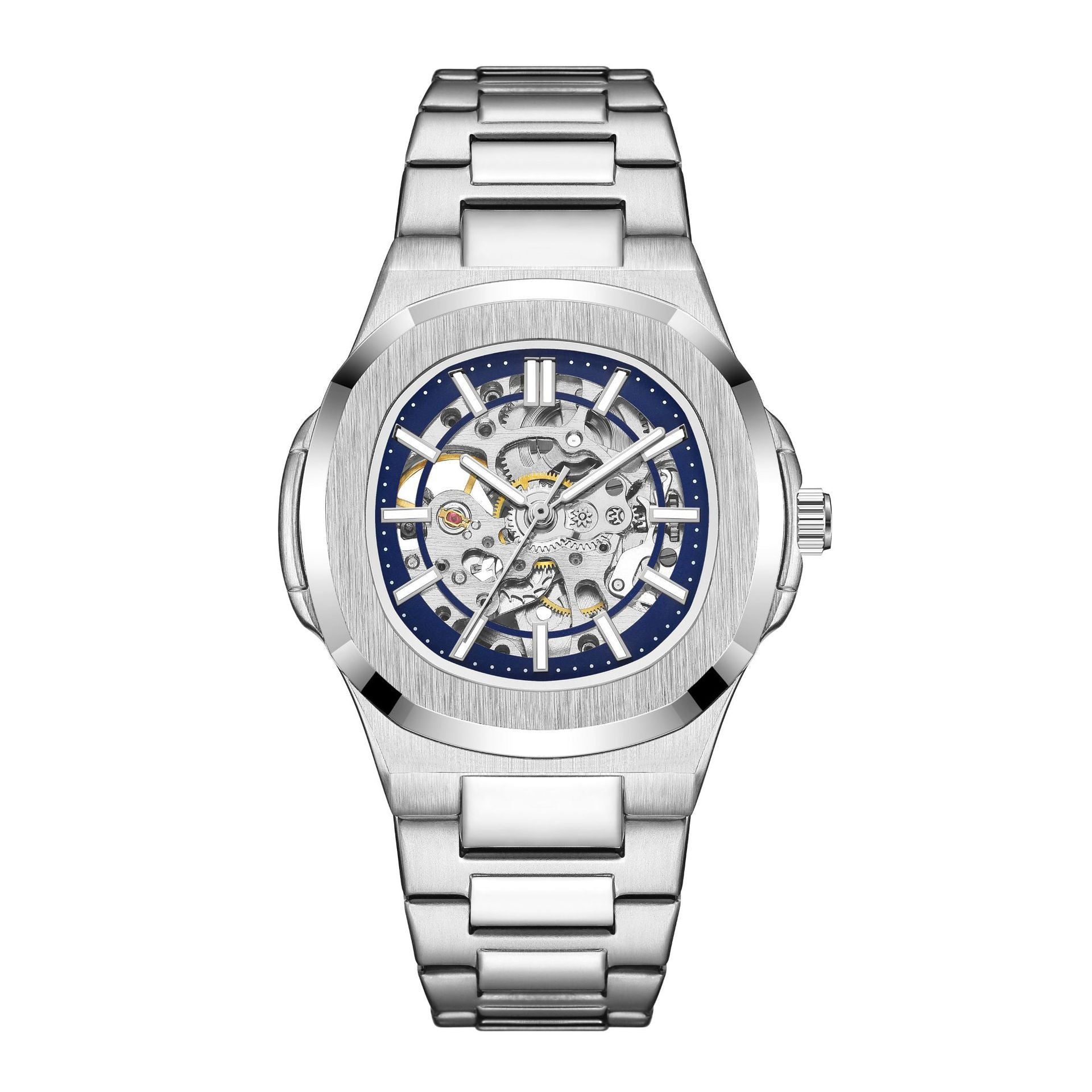 Steampunk Hollow Skeleton Automatic Mechanical Watch Men Blue Ribbon Full Steel Waterproof Wristwatches Male Mechanism Watch