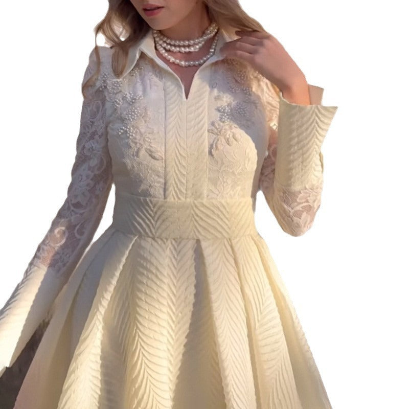 Witte voorkant borst bloem kralen kant garen Franse stijl retro lange mouw mode slanke damesjurk