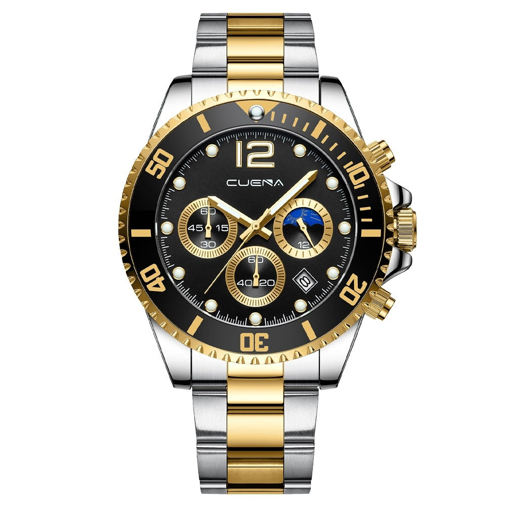 Orologio da uomo casual elegante con movimento automatico al quarzo, cinturino in acciaio, sei lancette e impermeabile