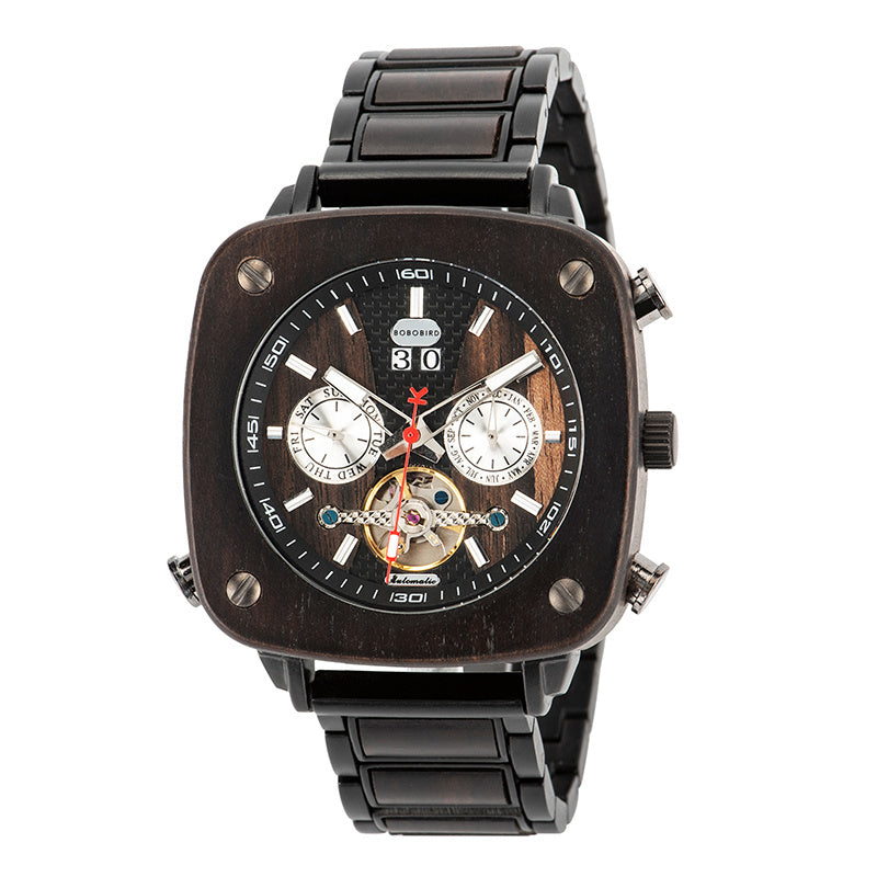 Orologio da uomo in legno meccanico automatico con tecnologia nera e personalità, dalla forma speciale