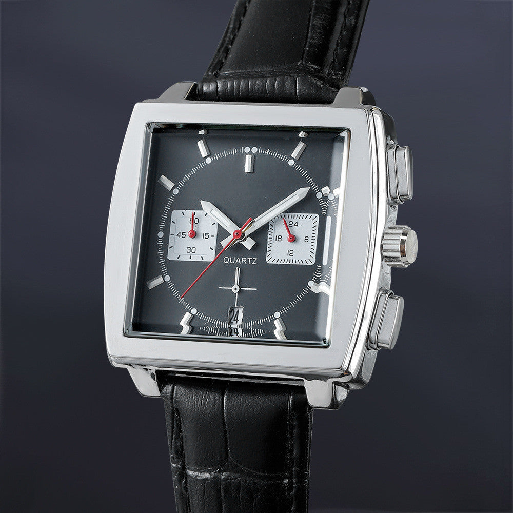 Men's Fashion Multifunction Six Hands With Calendar Quartz Business Watches Wristwatch Monaco Chronograph Calibre 12 Mens Luxury Quartz Leather Strap Watch