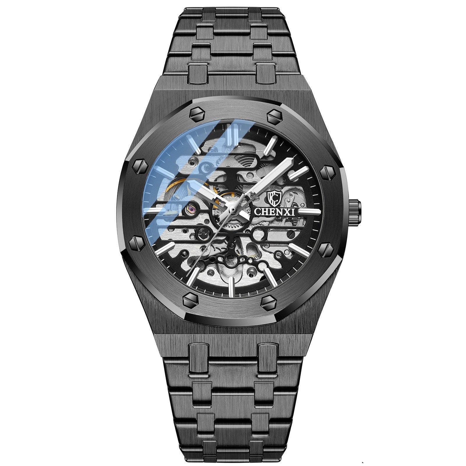 Orologi da polso meccanici automatici da uomo con lancette luminose e cinturino in acciaio inossidabile, quadrante scheletrato