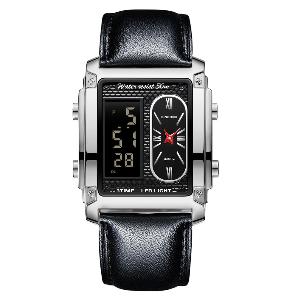 Men's Creative Steel Belt Electronic Watch Double Inserts Multi-functional Waterproof Watch