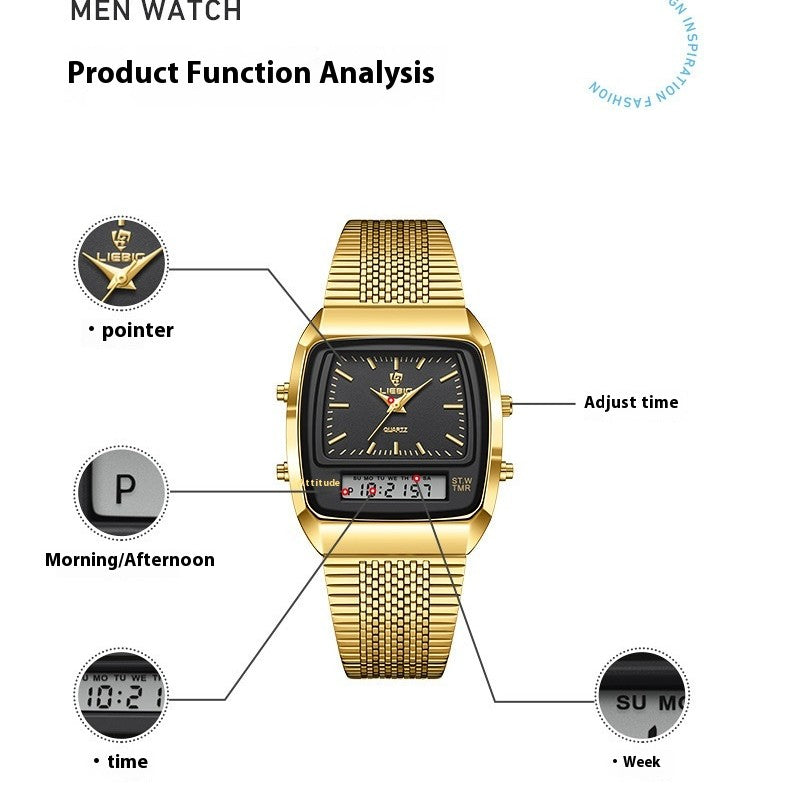 LIEBIG L1030 Man Sports Golden Color Steel Strap Dual Display Watch - Acquisti Online