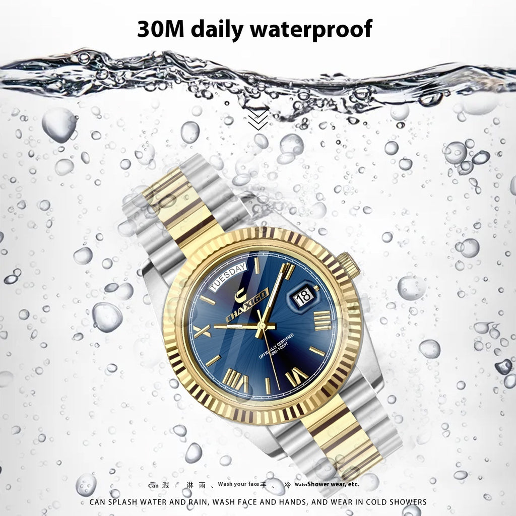 CHAXIGO Men's Watch Steel Three Hands Large Dial with Date Luminous Waterproof Quartz Watch