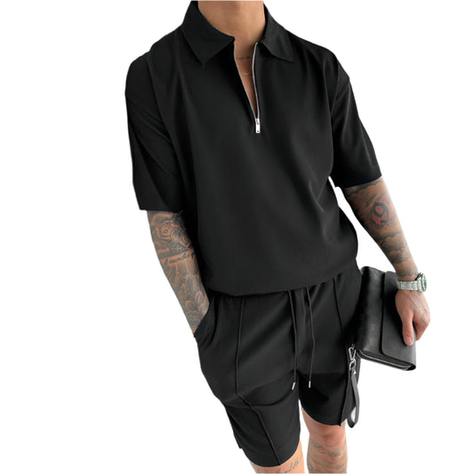 Summer Fashion Mens Clothing  Men's Suits New Zipper Polo Casual Short Sleeve Drawstring Shorts Men's Set