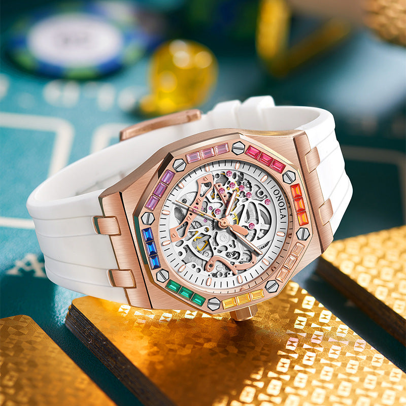 Orologio meccanico automatico da uomo con cinturino in silicone e diamanti arcobaleno