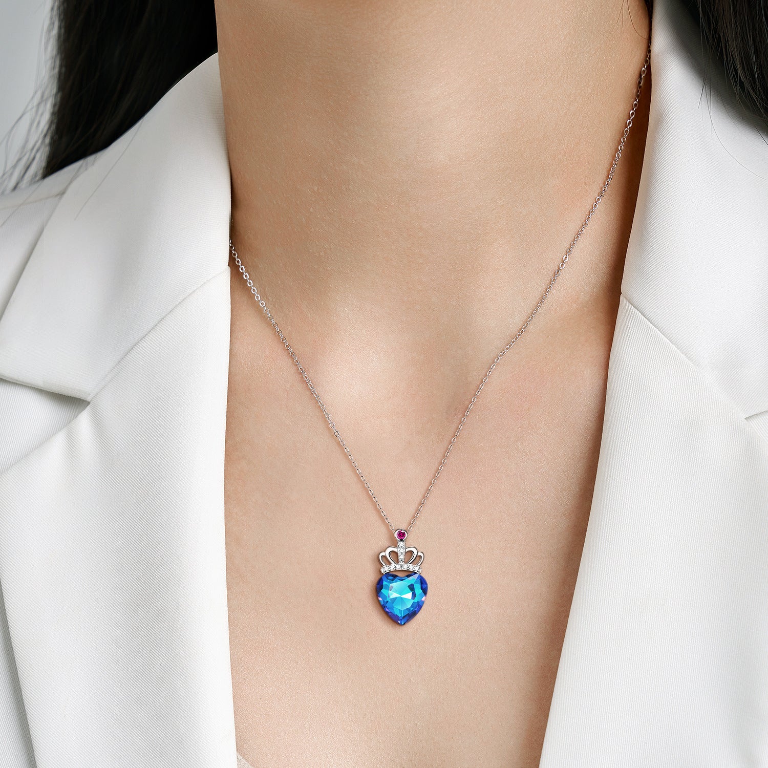 Women Luxury Necklace S925 Sterling Silver Crystal Diamond Blue Light Peach Heart Crown Women Fashion Necklace