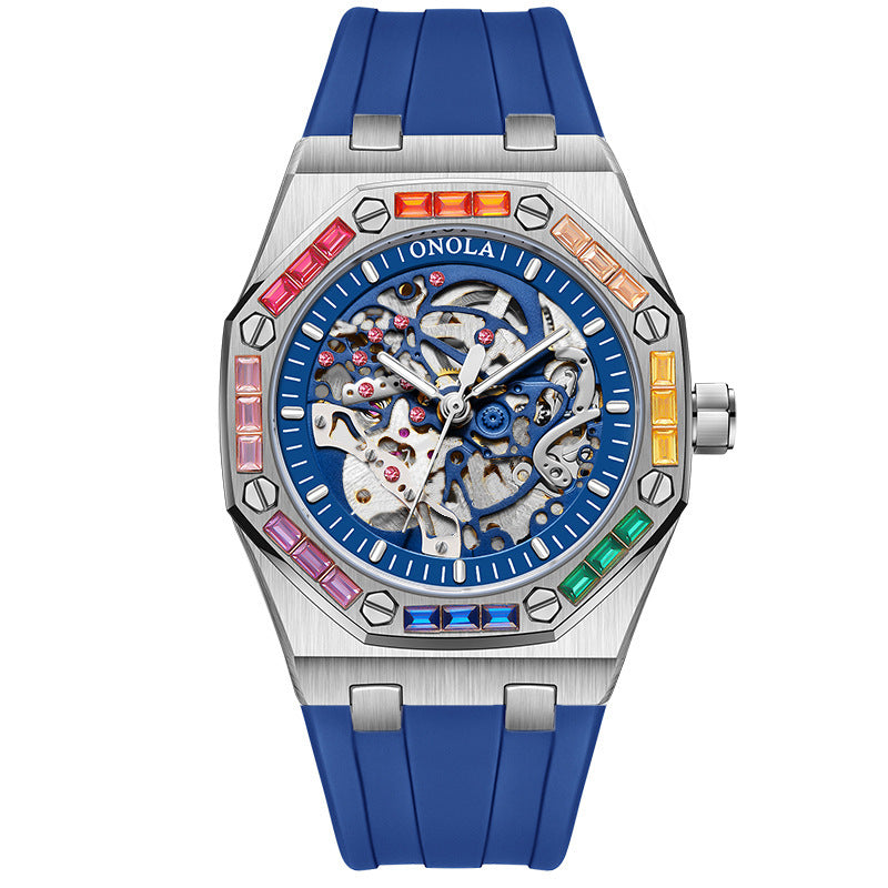 Orologio meccanico automatico da uomo con cinturino in silicone e diamanti arcobaleno