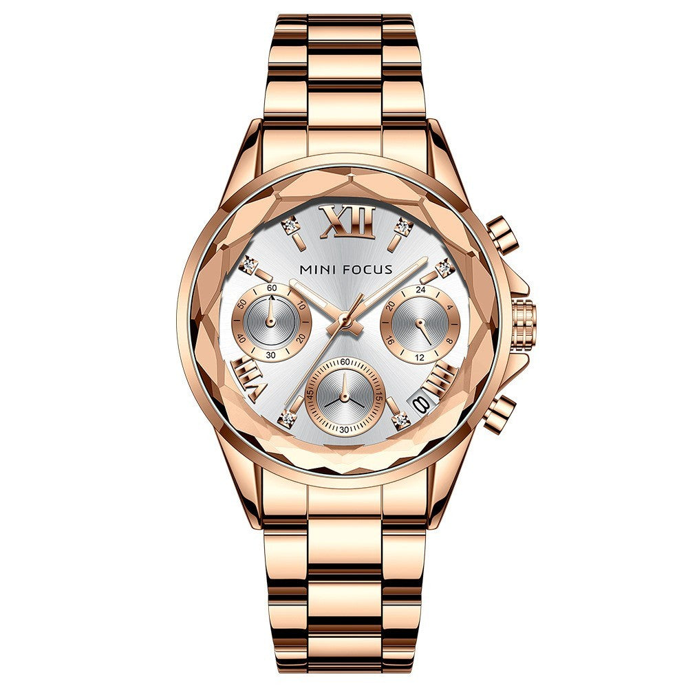 MINI FOCUS Dames Luxe Diamanten Horloge Kalender Roestvrij Staal Casual Elegante Dames Quartz Horloges