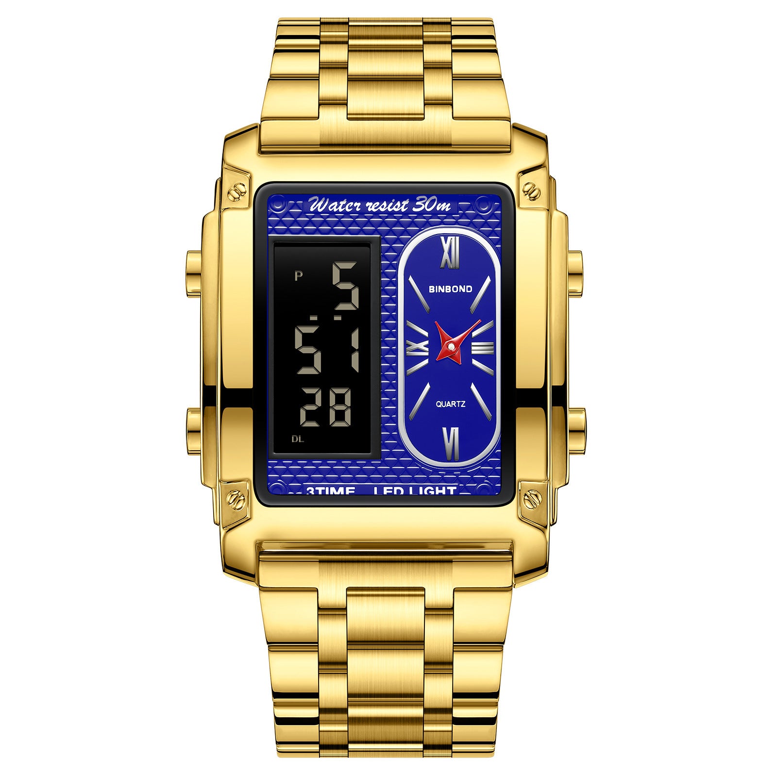 Men's Creative Steel Belt Electronic Watch Double Inserts Multi-functional Waterproof Watch