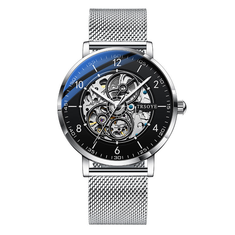 Orologio da uomo automatico TRSOYE di lusso alla moda con cinturino in pelle nera traforata, autentico e leggero