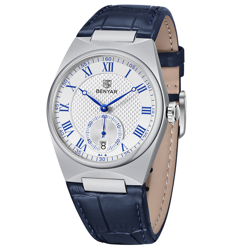 Benyar Men's Classic Fashion Watch Automatic Quartz Movement Watch Waterproof Leather Band Watch