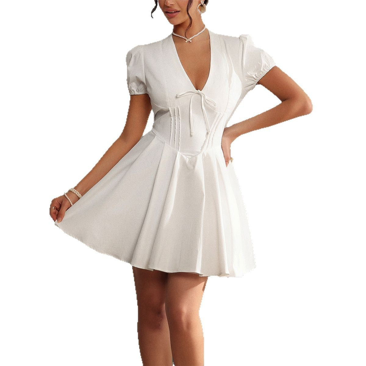 Women's Fashionable Casual Short Puff Sleeve Dress High Waist Half Sleeve Stylish Short Dress Women's Short Dress