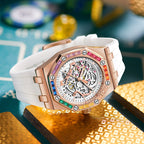 Orologio meccanico automatico da uomo con cinturino in silicone e diamanti arcobaleno
