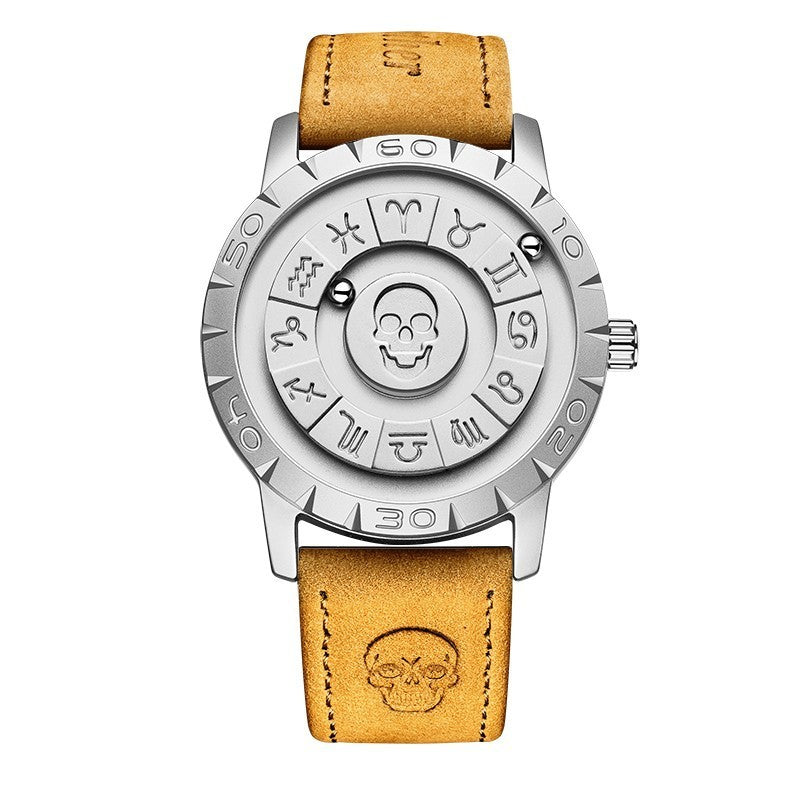 FOXBOX-Men's Magnetic Quartz Wristwatch Creative Scroll Pointer Genuine Leather Watch