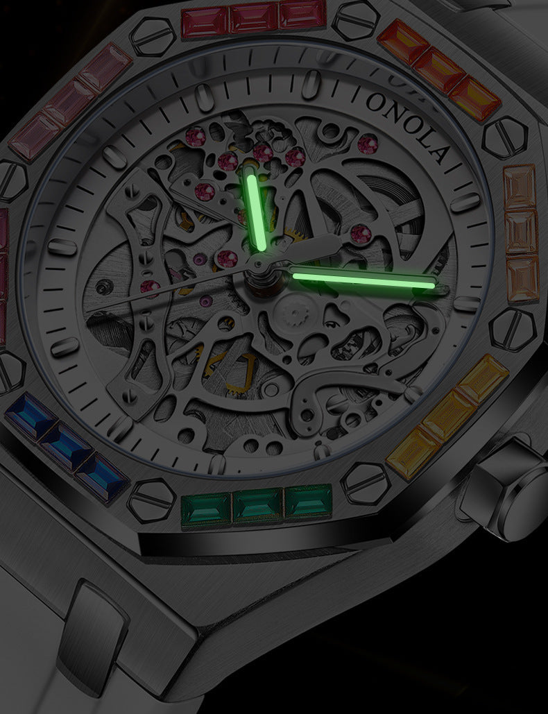 Orologio meccanico automatico da uomo con cinturino in silicone e diamanti arcobaleno