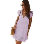 Summer V-neck Cotton Short Skirt Solid Color Dress