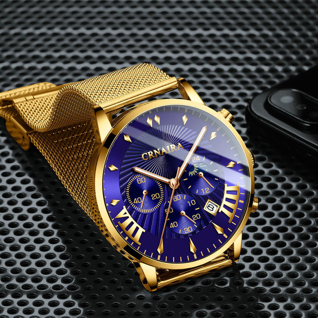 Men's Crnaira Men Watch Stainless Steel Quartz Watches Calendar Luminous Fashion Imitation Three-eye Waterproof Quartz Watch