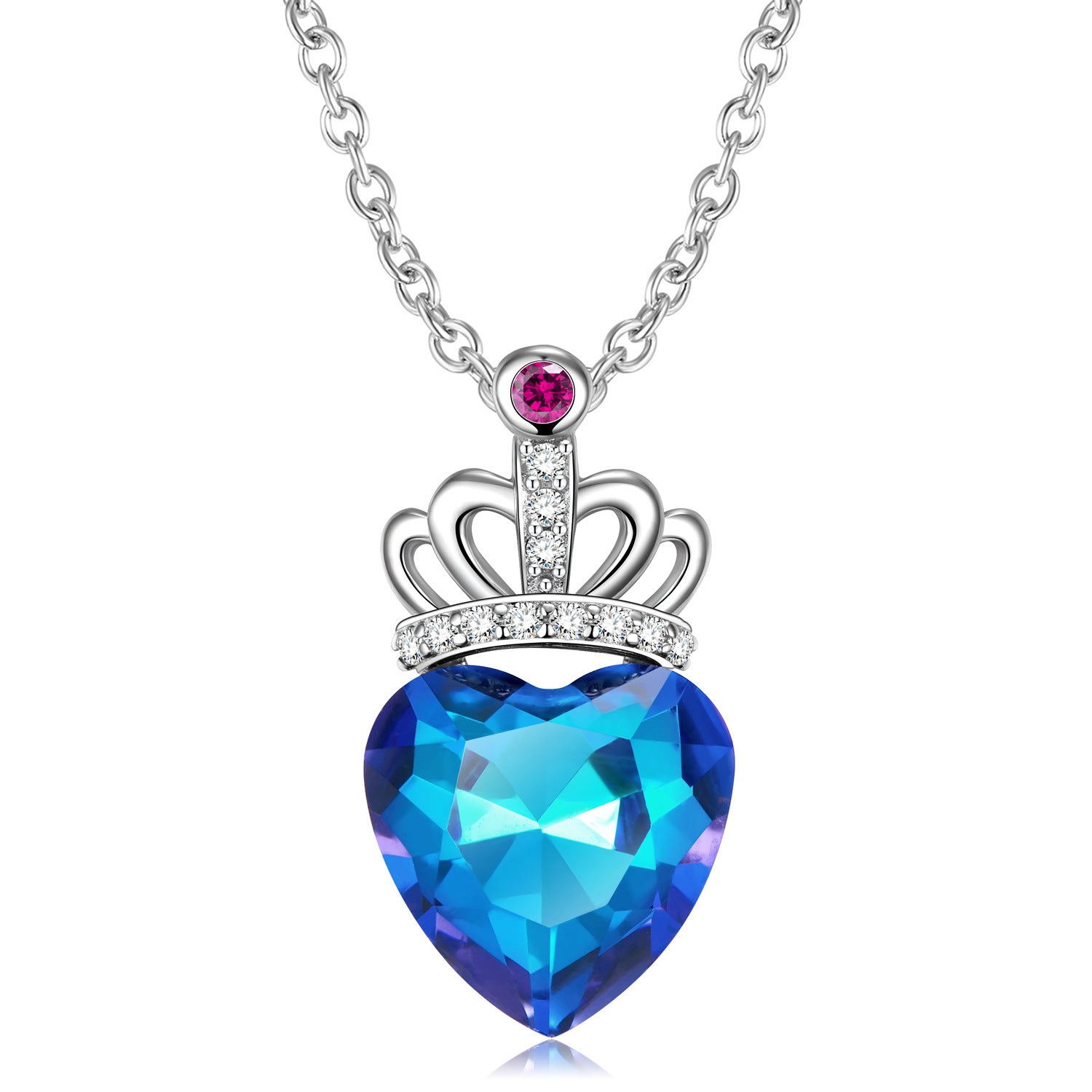 Women Luxury Necklace S925 Sterling Silver Crystal Diamond Blue Light Peach Heart Crown Women Fashion Necklace