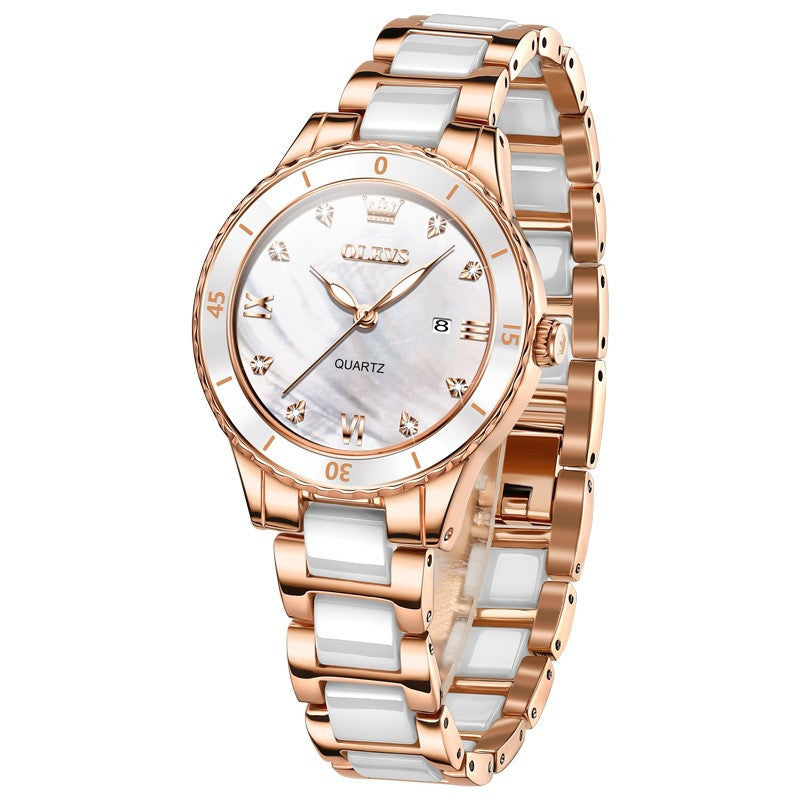 OLEVS 9985 Women Luxury Watch Rhinstone Crafted Elegant Lady Quartz Wristwatch Ceramic Band Waterproof Women Watch