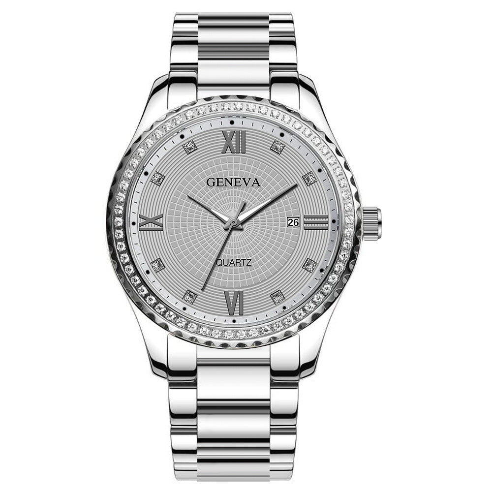 Genève Nieuwe Romeinse Schaal Heren Diamant vervaardigd Kalender Stalen Band Quartz Horloge Roestvrij Staal Heren Quartz Horloge