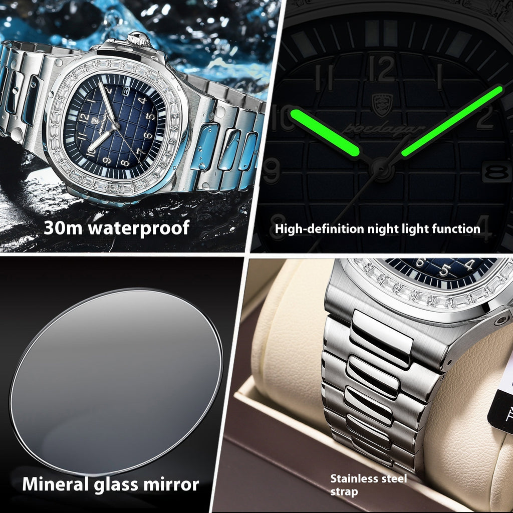 POEDAGAR Fashion Square Watch Men with Date Stainless Steel Quartz Wrist Watch High Quality Waterproof Luminous Men's Watch