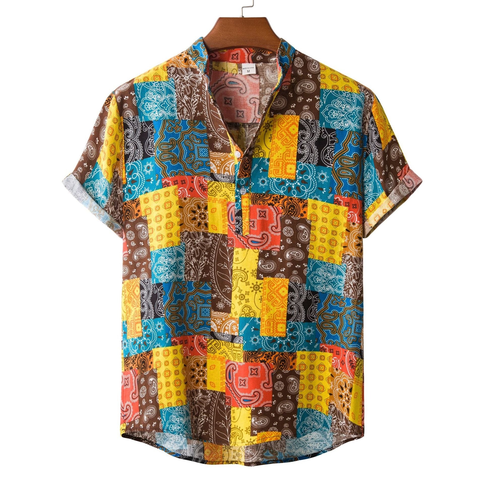 Men's Fashionable Casual Shirt Solid Color Vintage Ethnic Print Short Sleeve Lapel Collar Button Men's Casual Shirt