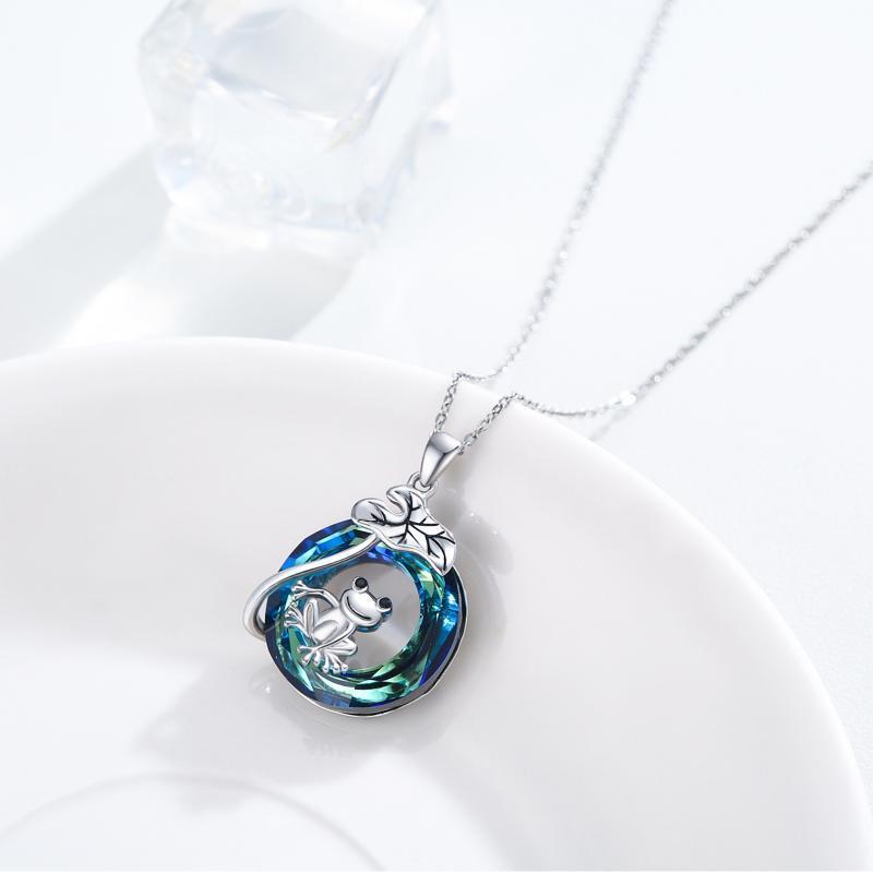 925 Sterling Silver Frog Lotus Leaf Necklace with Circle Crystal Pendant Cute Animal Jewelry