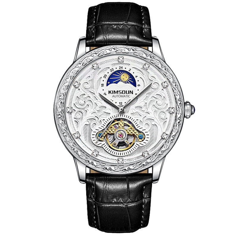 Kimsdun Brand New Men's Watch Carved Moon Phase Quartz Watch High Quality Large Dial Leather Strap Man Wristwatch Tourbillon Mechanical Watch - Acquisti Online