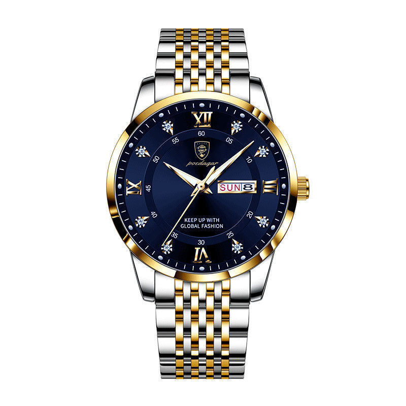 POEDAGAR Koreaanse stijl luxe heren quartzhorloge waterdicht weekdatum quartz roestvrij staal heren polshorloges