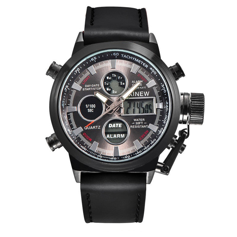 Herenhorloge met leren riem en LED-elektronische sporthorloge