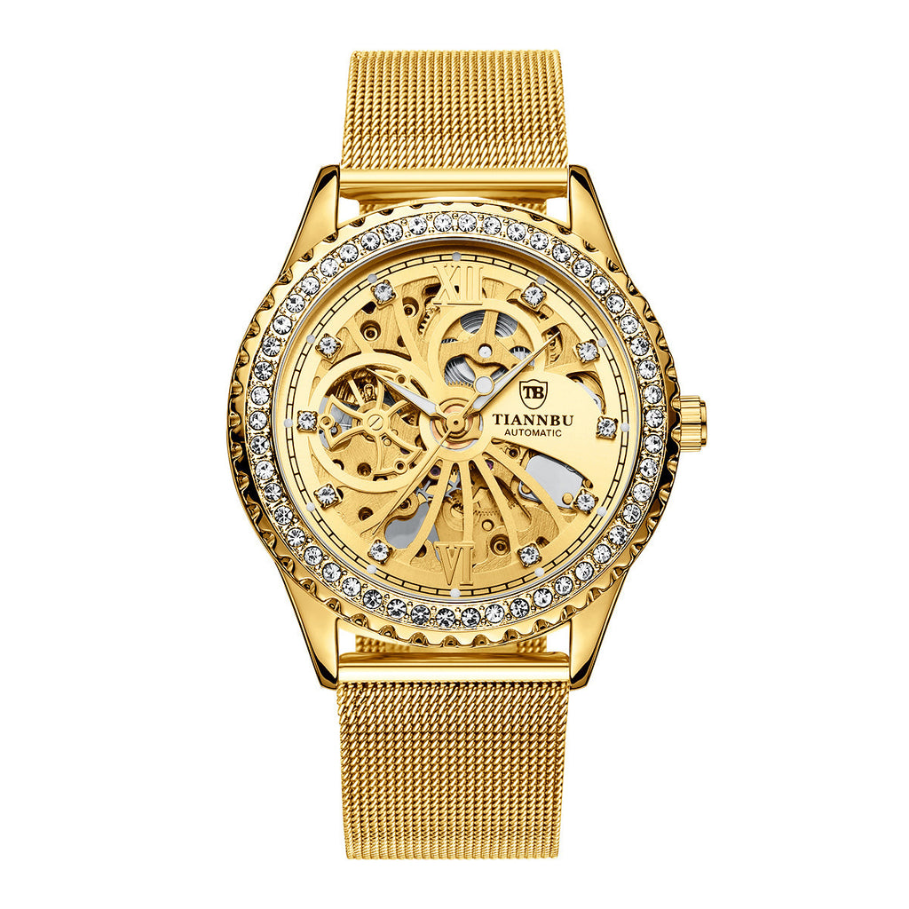 Orologio meccanico automatico da uomo alla moda TIANNBU con diamanti, in acciaio inossidabile, impermeabile