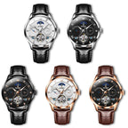OLEVS Men's Watch Luxury Mechanical Wristwatch Men Leather Strap Waterproof Luminous Double Calendar Hollow Flywheel Automatic Mechanical Watch