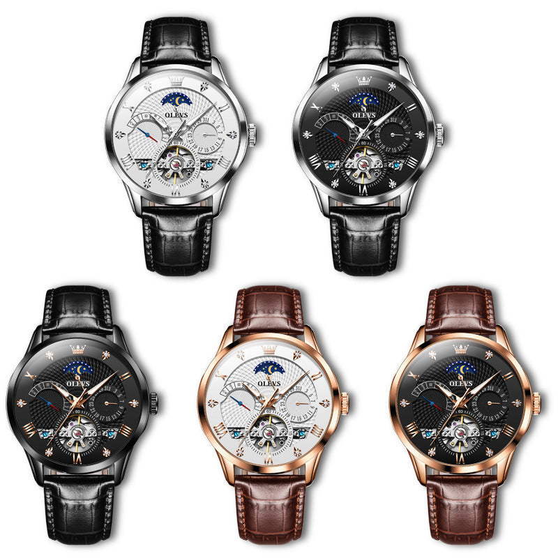 OLEVS Men's Watch Luxury Mechanical Wristwatch Men Leather Strap Waterproof Luminous Double Calendar Hollow Flywheel Automatic Mechanical Watch