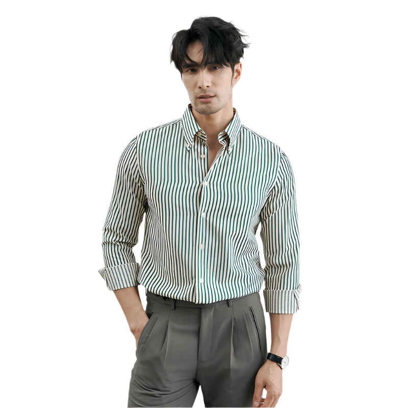 Camicia casual da uomo alla moda, stile business, formale, tinta unita, in poliestere, stile cardigan verticale, a righe, camicia casual da uomo
