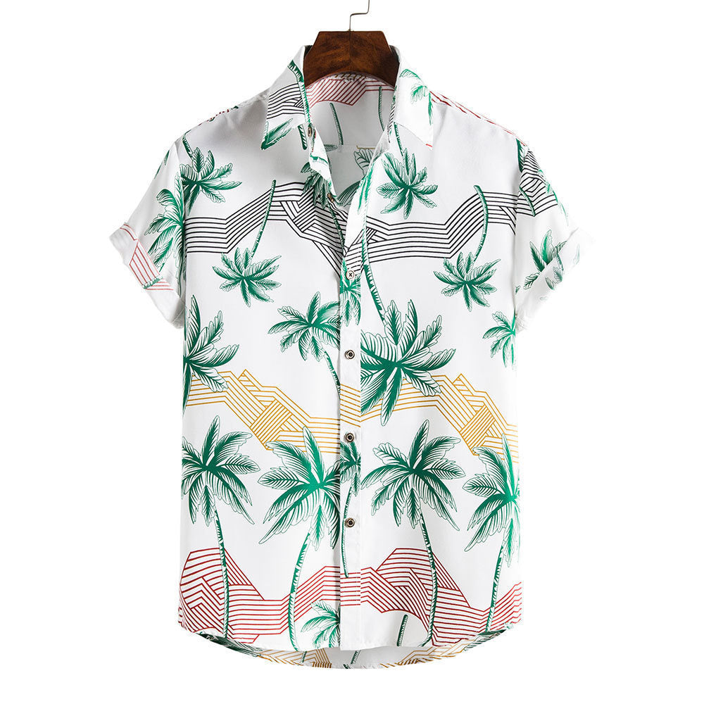 Men's Fashionable Casual Shirt Stripes/Tree Printed Short Sleeve Turn-down Collar Slim Hawaiian Men's Casual Shirt