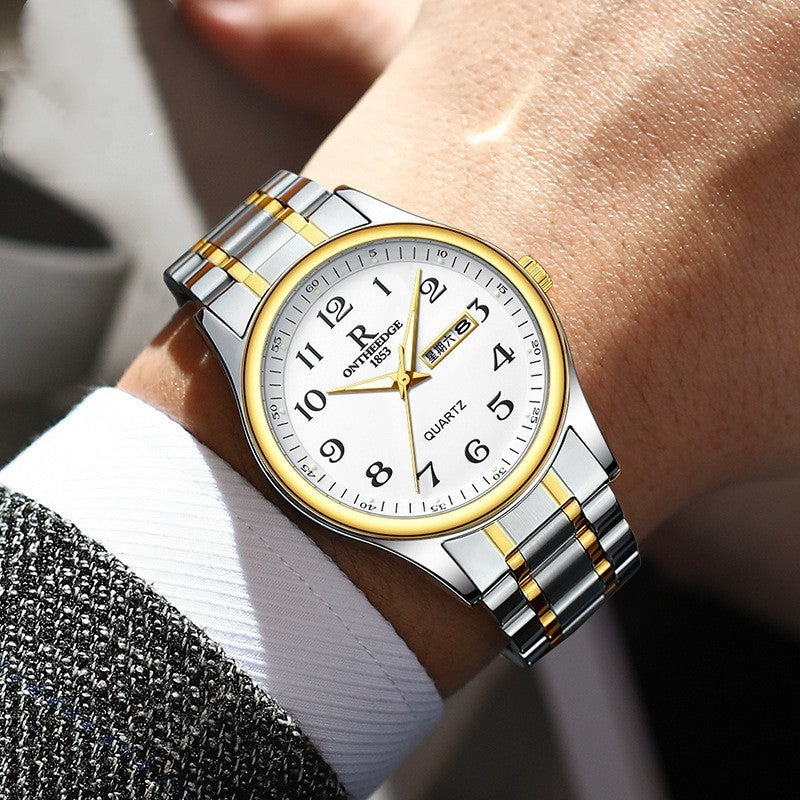 Orologio da uomo con doppio calendario, interamente in acciaio, per uomini di mezza età e anziani